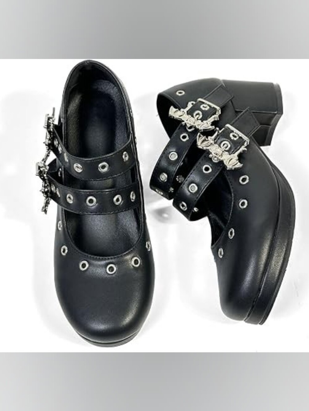 Black Bat Buckle Mary Jane Heels Size 39 Grommet Double Strap Goth Y2K Platform
